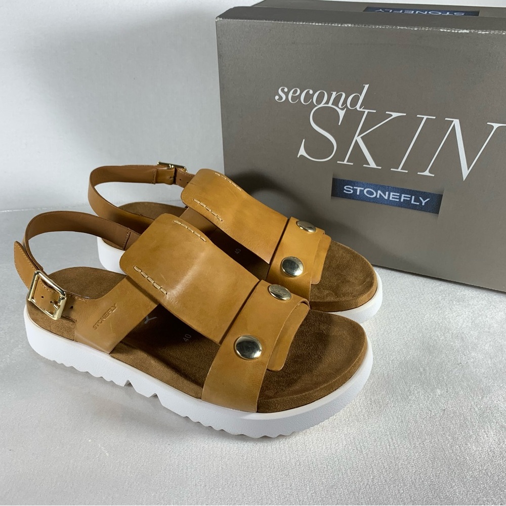 NIB Stonefly Women's Riva 4 Calf Wedge Sandal in Dark Tan Size 9
